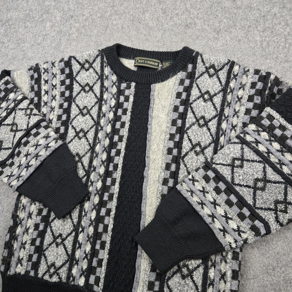 Vintage‎ Croft & Borrow Sweater Mens Large Gray Black 3D Knit 90s Sweatshirt